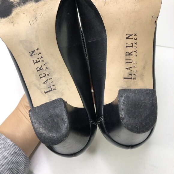 Ralph Lauren Black Leather Shoes Size 9 B Heeled Loafers Block Heels Bow Slip On - Picture 9 of 10